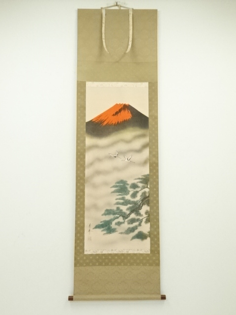 JAPANESE HANGING SCROLL / HAND PAINTED / RED Mt.FUJI 